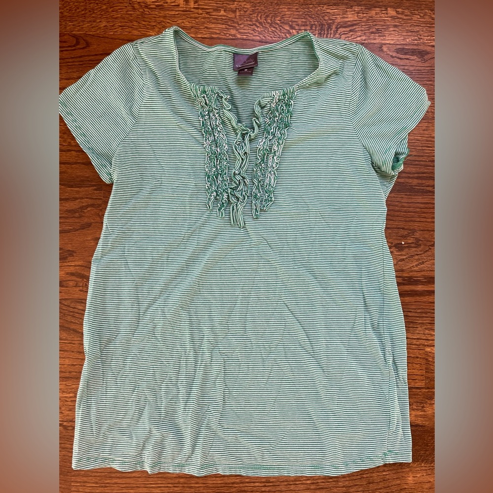 Womens Maternity Ruffle T-shirt green and white stripe Motherhood size M EUC